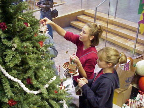 Students hanging ornaments